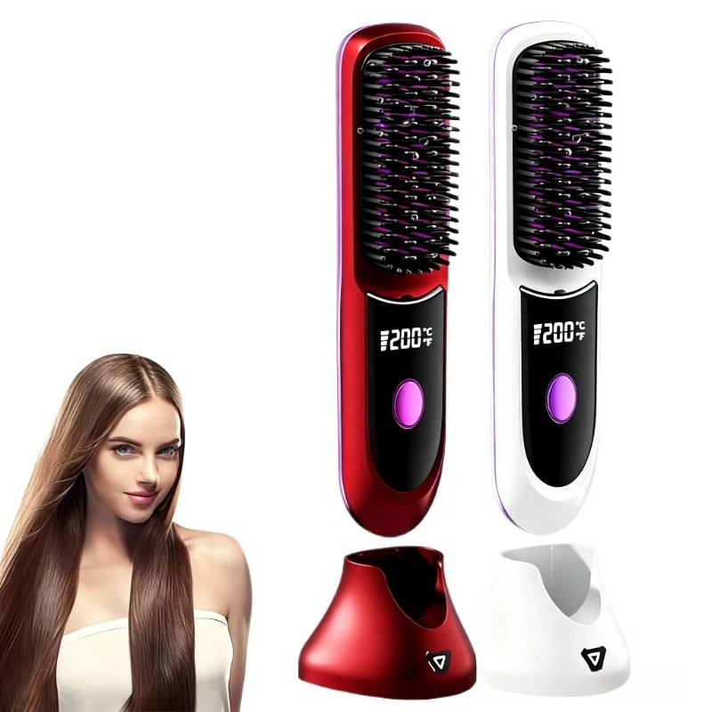 Plancha de pelo portátil, peine inalámbrico con iones negativos, 7400mAh, cepillo recargable de calentamiento rápido para alisar y rizar