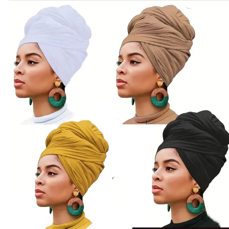 Jilbab 4 piece set Stretch Jersey Turban Head Wrap Urban Hair Wrap Scarf Ultra Soft Extra Long Breathable Lightweight for Women