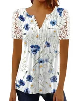 Summer Spring New Women's Loose and Comfortable Casual Lace V Neck Printed Blouse Floral Short Sleeve Elegant Fashion Shirt - Image 3