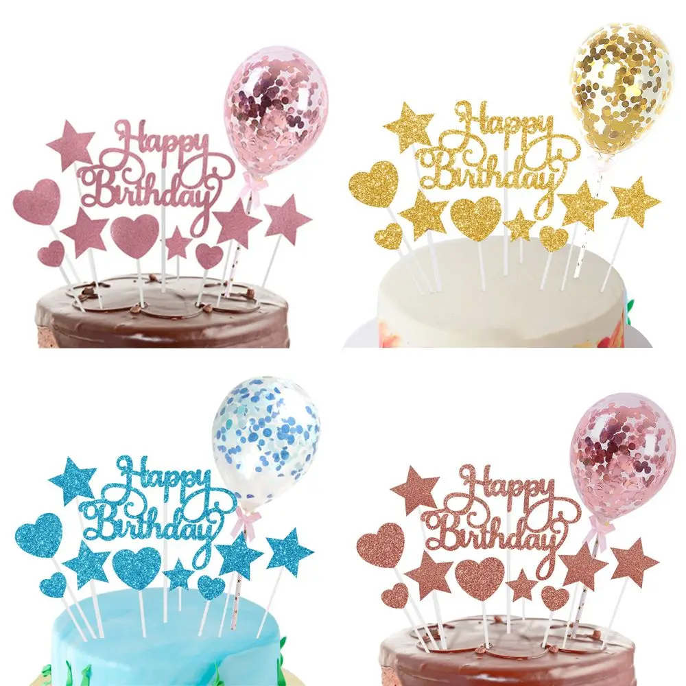 Happy Birthday Cake Toppers DIY Confetti Balloon Cake Decor Star Heart Cupcake Flag for Birthday Party Dessert Decor Baking