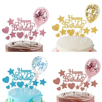 Toppers per torta di buon compleanno Fai da te Coriandoli Palloncino Decorazioni per torte Stella Cuore Cupcake Bandiera per la festa di compleanno Dessert Decor Cottura