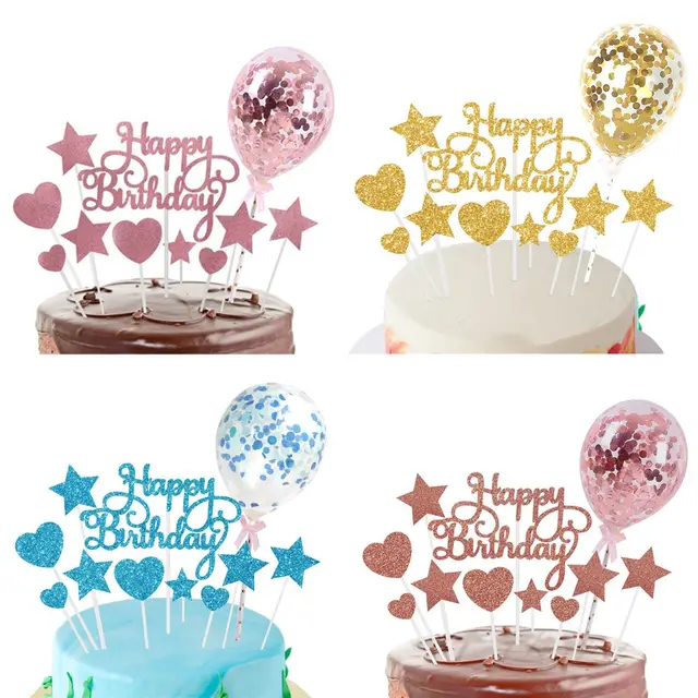 Happy Birthday Cake Toppers DIY Confetti Balloon Cake Decor Star Heart Cupcake Flag for Birthday Party Dessert Decor Baking
