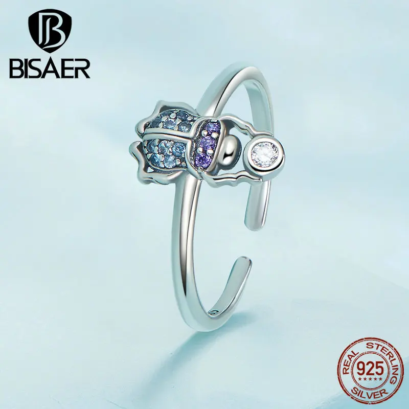 BISAER Real 925 Sterling Silver Scarab Open Rings For Women Colorful Zircon Insect Ring Party Original Fine Jewelry Gift ECR903