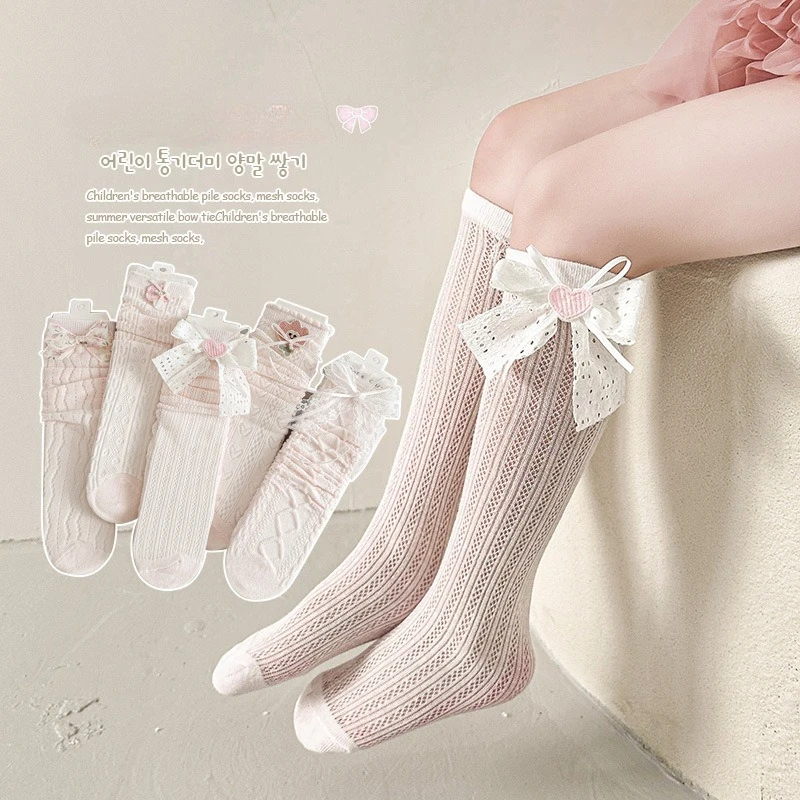 33 cm Spitzensocken mit Cartoon-Schleife, lange Röhre, süße Baumwollsocken, Frühling und Sommer, Mädchen, Prinzessin, Kinder, rosa Baumwollsocken