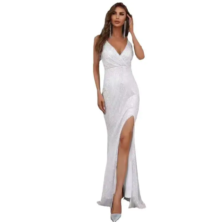 فستان نسائي من iny Sequin Deep V Fi Tail Dr لصيف 2024 Faion Commute Sle منتصف الخصر تنورة على شكل حرف a بدون علامة تجارية