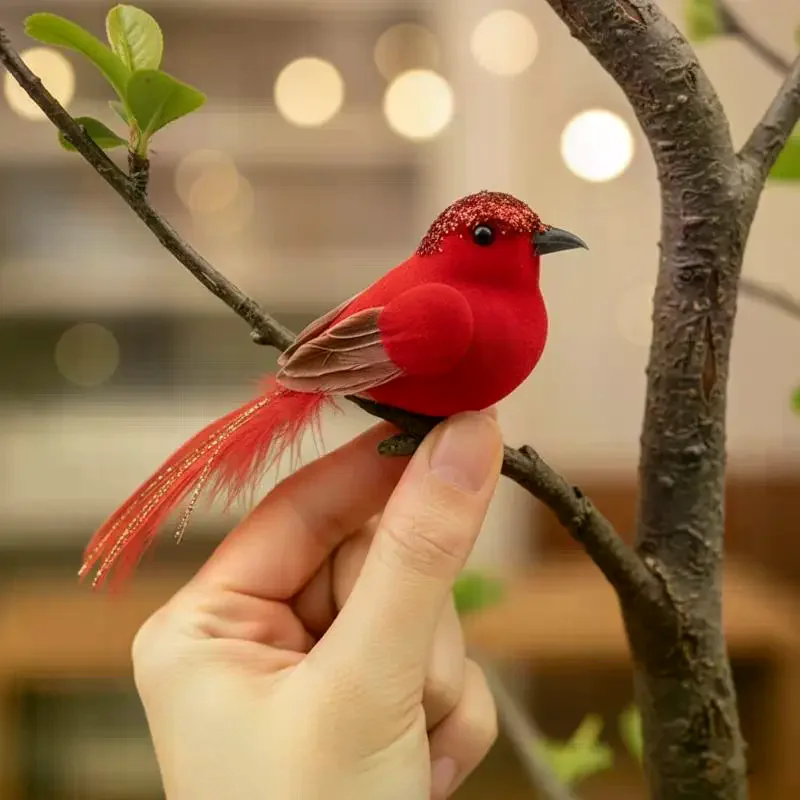 Simulation Feather Red Birds Cute Lifelike Figurines Handicraft with Clips for Outdoor Patio Garden Lawn Decor