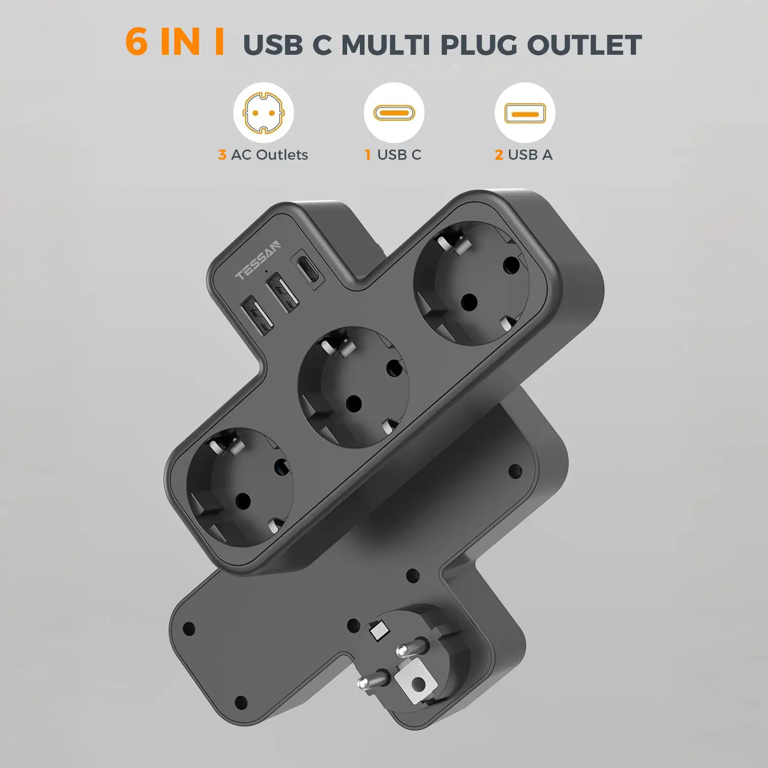 TESSAN-enchufe de pared USB estándar de la UE múltiple, enchufe 6 en 1 con adaptador de 3 salidas de CA, cargador de pared para el hogar y la Oficina