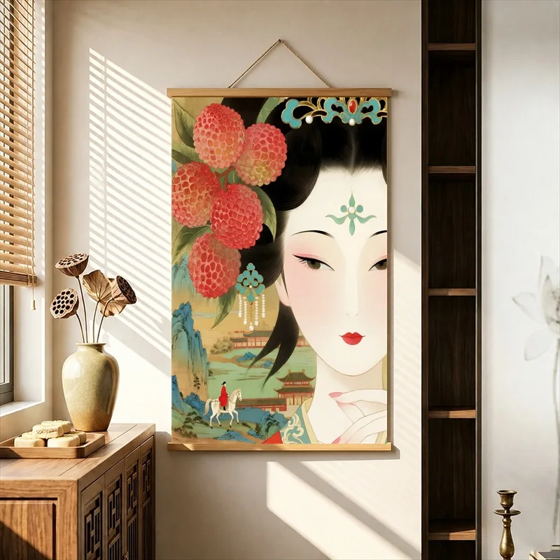 Wall Decor Elegant Floral Women with Red Lychee Fruit, Oriental Art Nouveau Pearlescent Canvas Hanging Scroll for Boutique Hotel