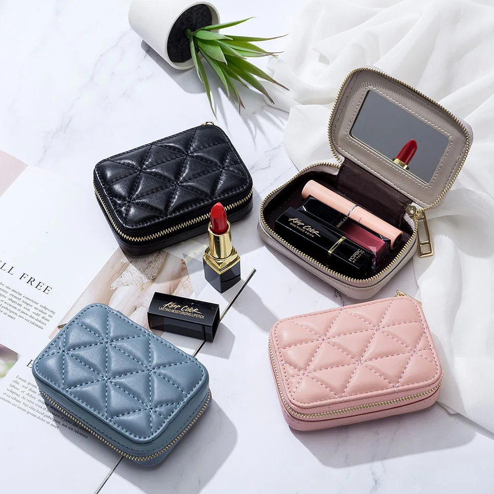 Nowa torba do przechowywania szminek PU z lustrem przenośne kosmetyki opakowanie strunowe Travel Makeup pomadki uchwyt torba drut pojemnik na monety