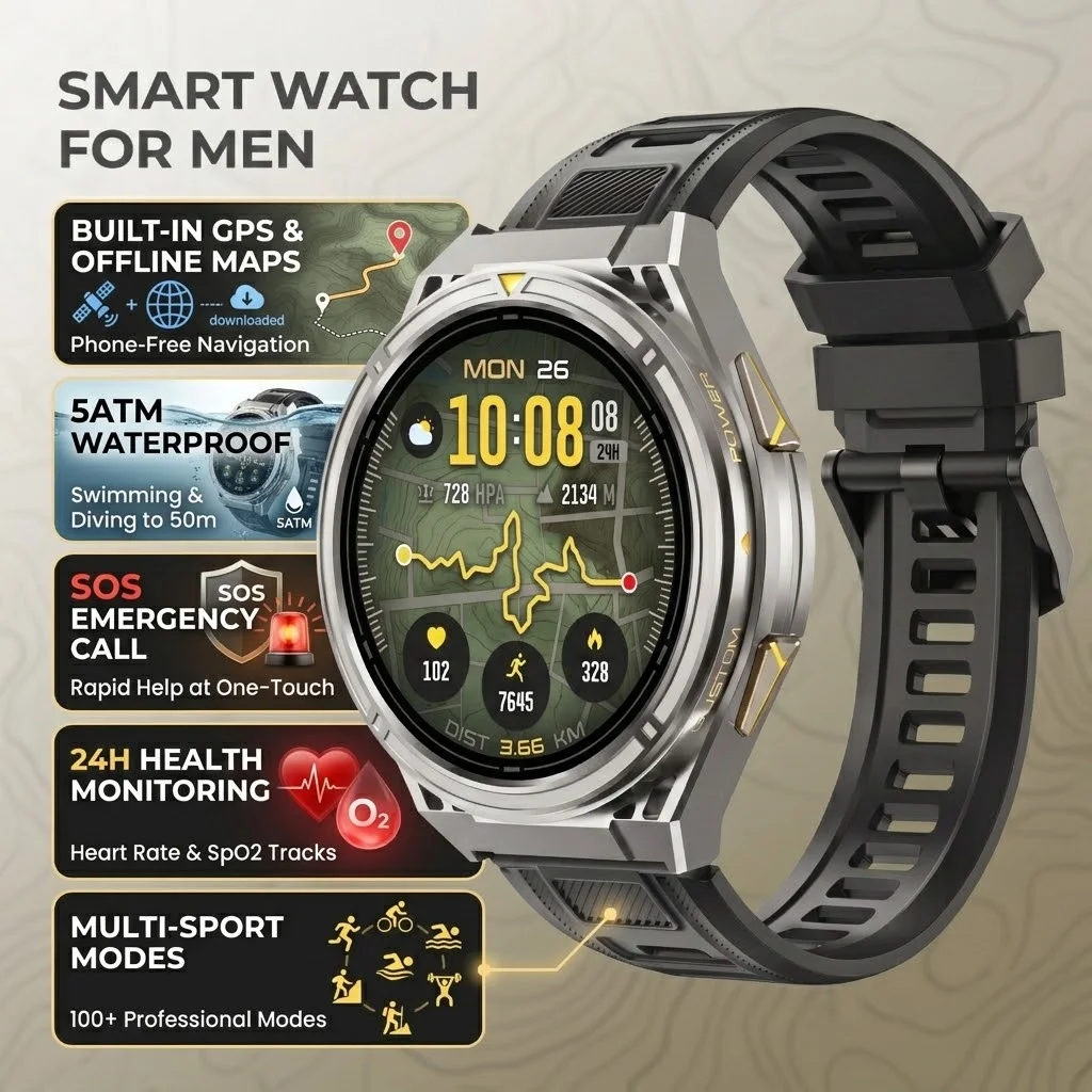 VWAR Smart Watch For Men 5ATM Waterproof Built-in GPS Offline Map SOS Blood Oxygen Heart Rate monitor Sport Smart Watch 2026 New
