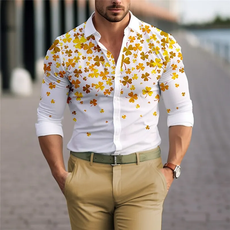 Top de trevo masculino estampado 3D, camisa de manga comprida, roupa unissex casual, nova moda, primavera e outono, 2024