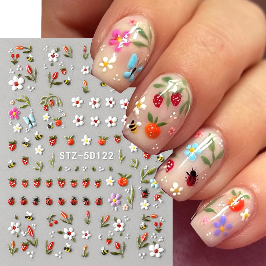 3D Embossed Kawaii Ladybug Sliders Spring White Daisy Flowers Nail Stickers DIY Simple Petals Wedding Nails Decals Accesories image 3