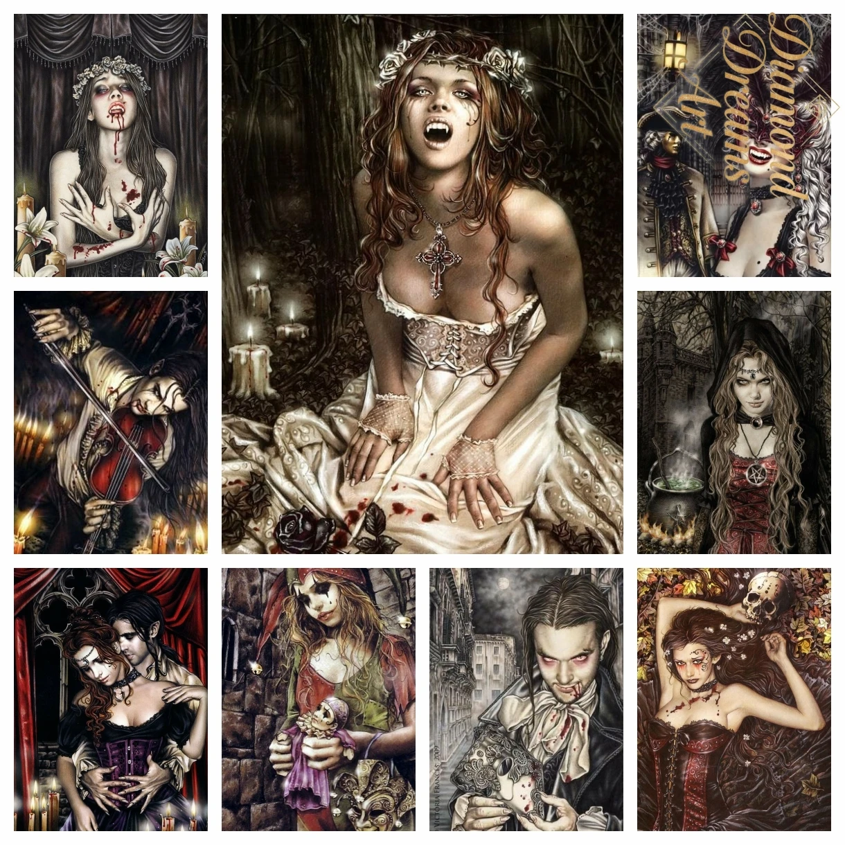 Frameless,Victoria Frances Vampires Girl Full Round Drill 5D DIY Diamond Painting Art Mosaic Home Decor Gifts