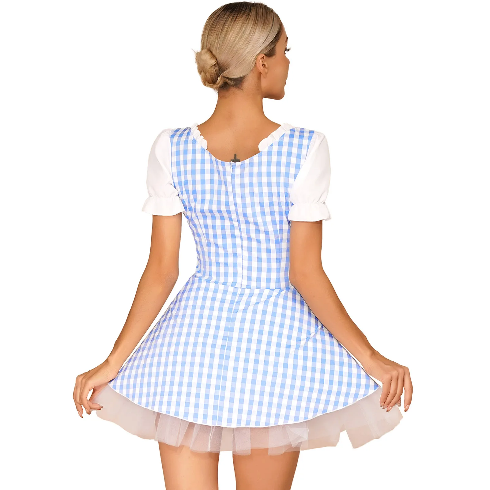 Women Adult Halloween Miss Muffet Cosplay Dress Front Lace-Up Ruffle Apron Plaid Maid Dress for Party Masquerade Dress-up