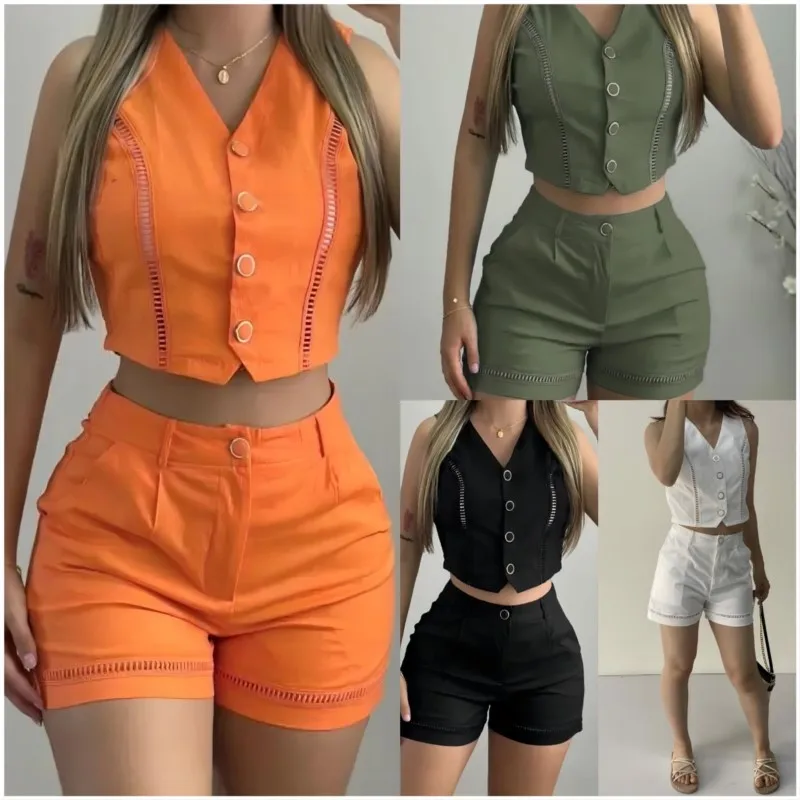 Elegant Womens White Casual Two Piece Sets Outfit Summer Sexy Hollow Out Button Sleeveless V-neck Vest Top & Pocket Shorts Set