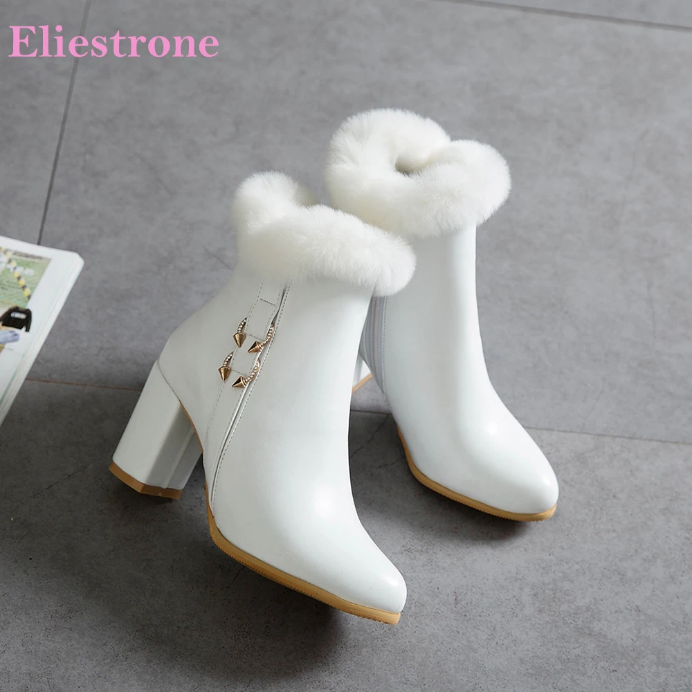 

New Winter Comfortable White Black Women Snow Boots Round Toe High Heels Lady Casual Shoes Plus Small Big Size 11 33 44 50 52