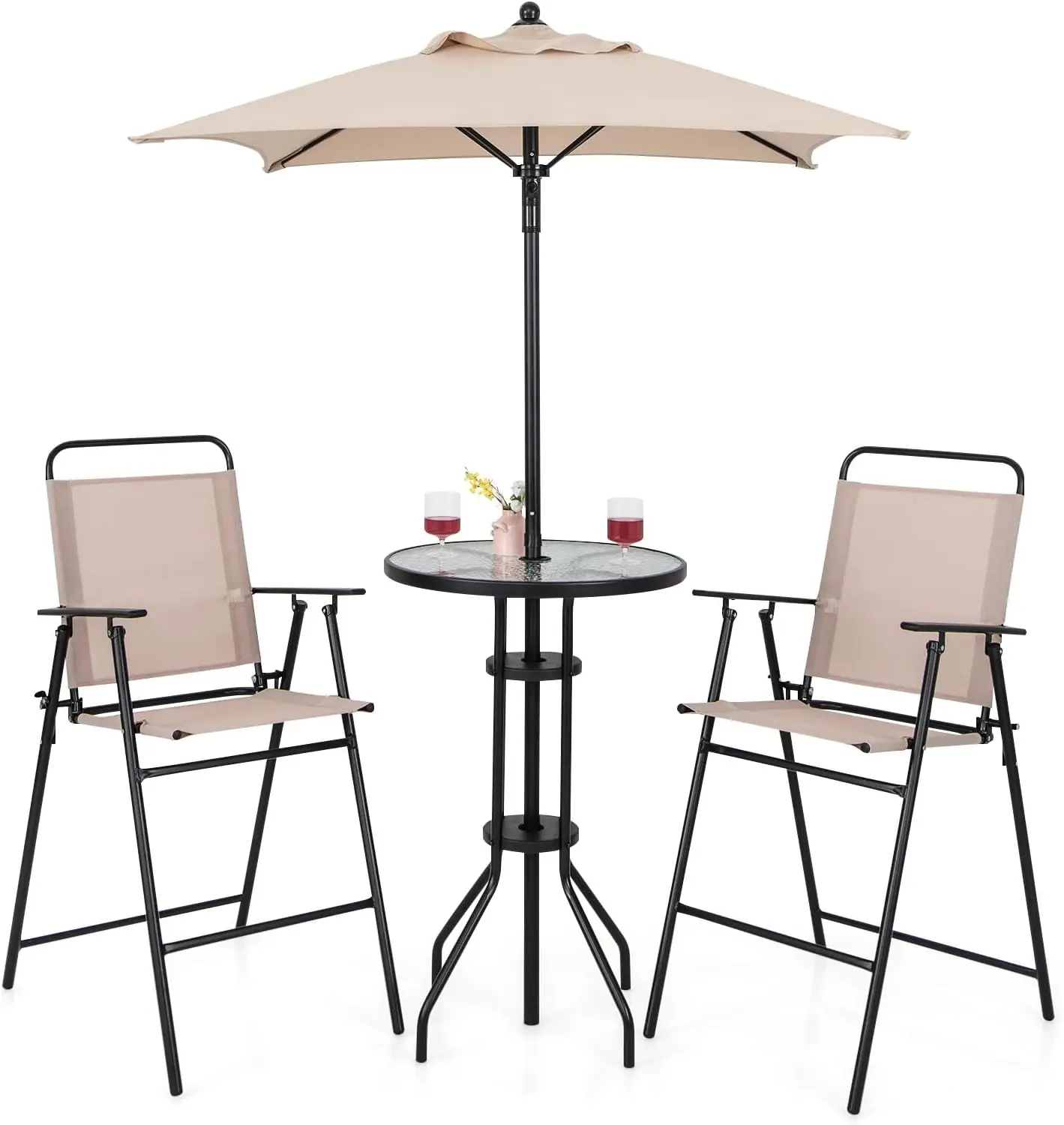 

4-Piece Outdoor Bar Set, Round High Top Bar Table with 2 Folding Counter Height Chairs & Umbrella, Patio Bistro Table Set