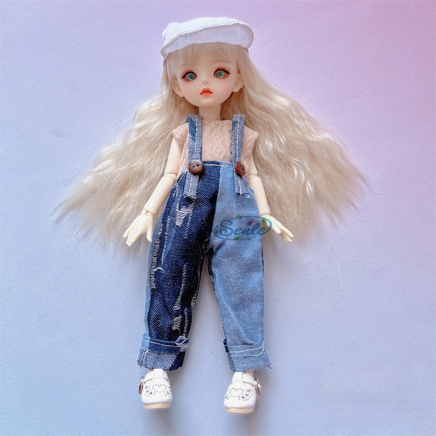 Pink Purple Corduroy Overalls 6 Points BJD Doll Cute Bear Patch Flutter Sleeve Clothes Bucket Hat 30cm Dolls Dress Up Set Gifts