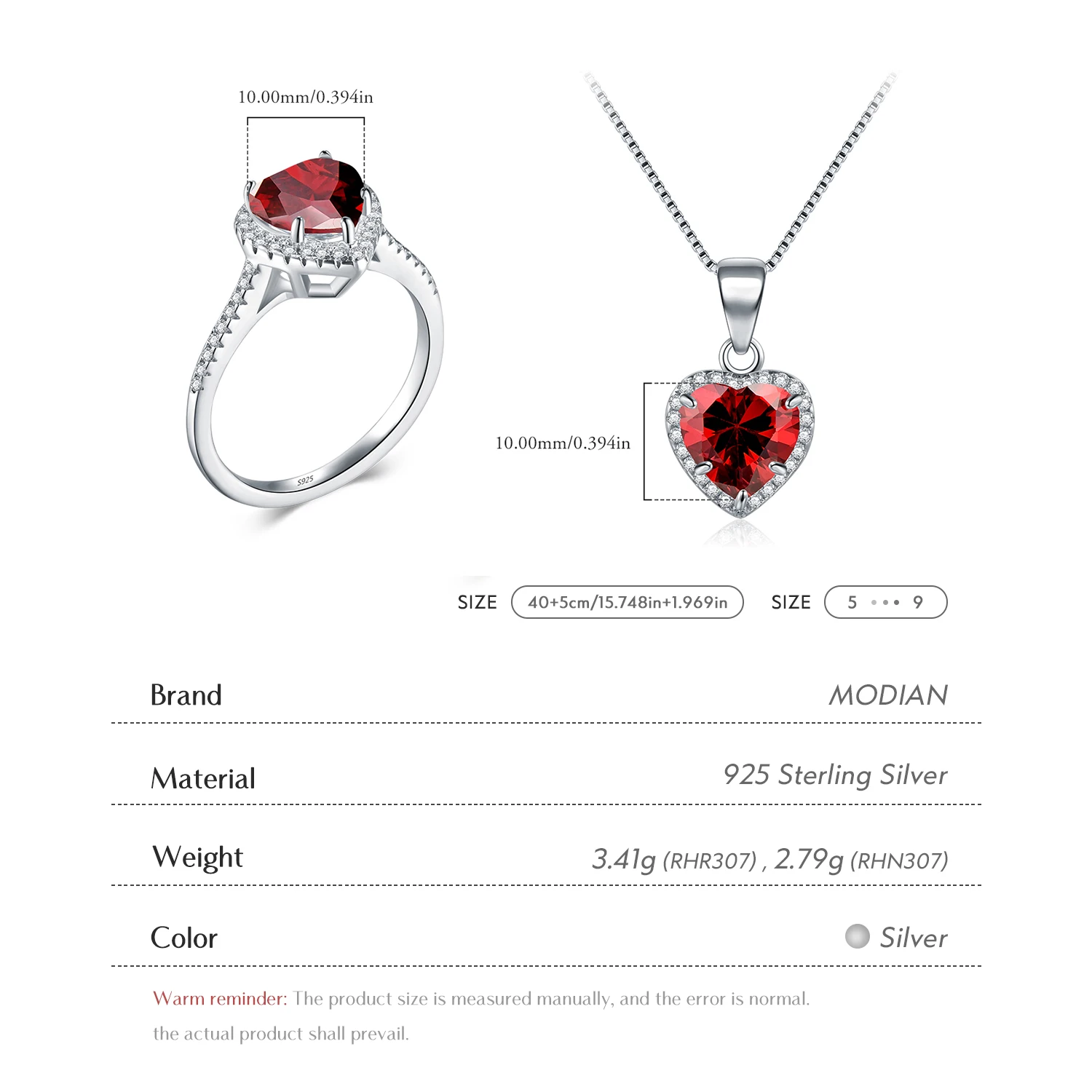 Modian Genuine Solid 925 Sterling Silver Hearts Sets Jewelry Red Ring Necklace Wedding Crystal Pendant Fashion Chain For Women