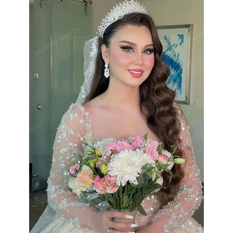 Luxurious Wedding Dress Bead With Embroidered Lace Sequins Princess Ball Gown Full Sleeve Sweetheart V-Neck Customized Vestido ﻿