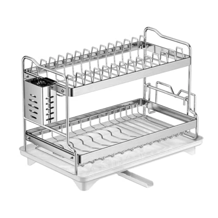 

Двухуровневая сушилка для посуды с поддоном для слива воды для кухонной столешницы и барных стоек, органайзер для хранения больших мисок, серебристая