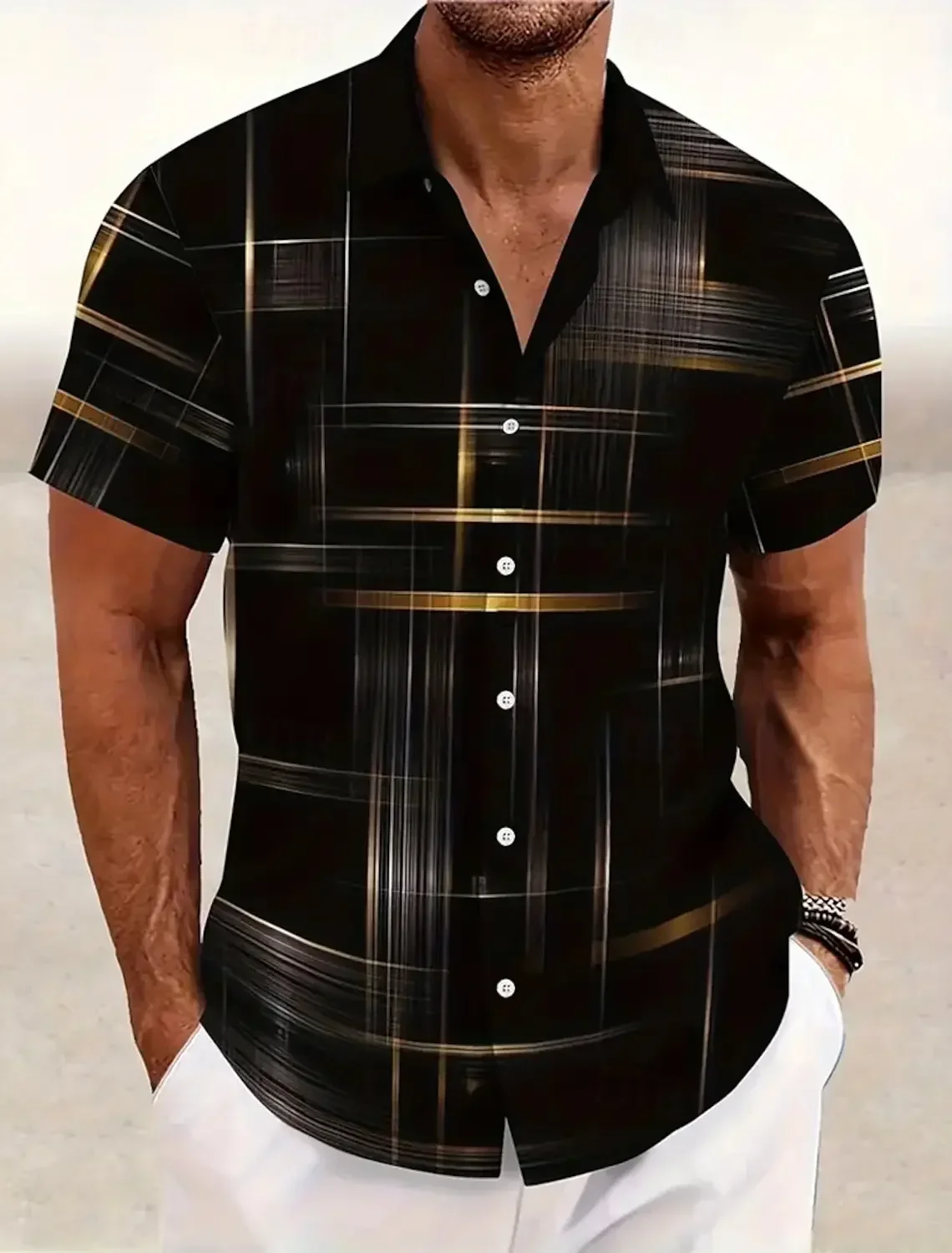Men Short Sleeve Button Up Shirt, Abstract Metallic Line Grid Graphic, Lightweight, Summer Urban Trendy Youth Casual Tops