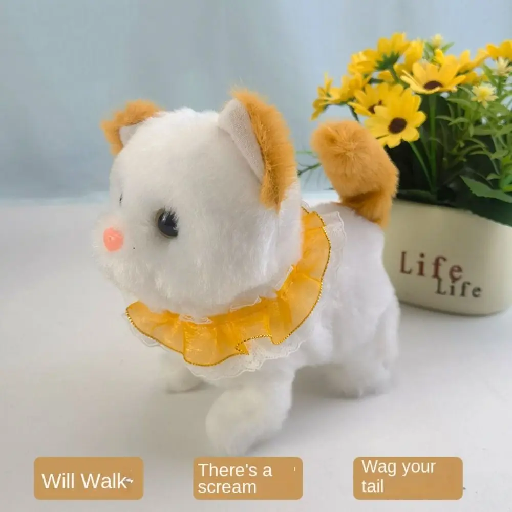 Chats en peluche électroniques blancs de simulation électrique avec son, jouets pour animaux de compagnie en mouvement, jeu de changement de vêtements, mignon, marche, bricolage