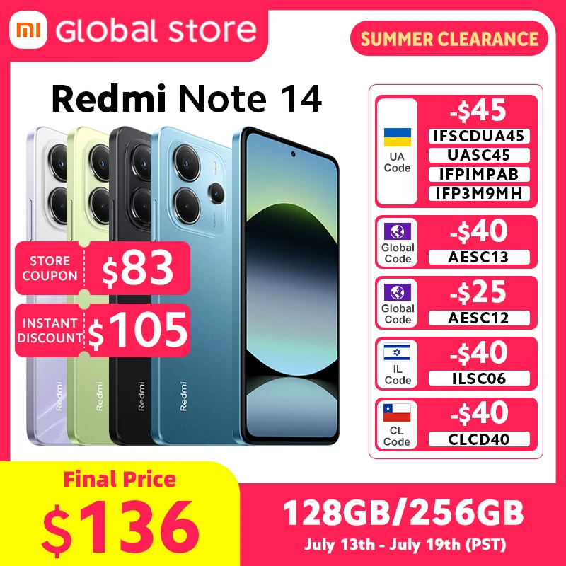 글로벌 버전 Xiaomi Redmi Note 14 스마트폰 8GB / 12GB RAM MediaTek Helio G99-Ultra 33W120Hz AMOLED 108MP 5500mAh