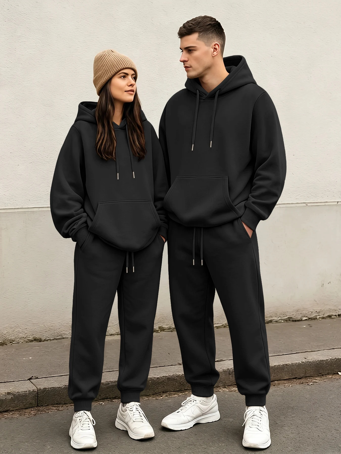 Spring‑Fall Couple Hoodie Set, Unisex Solid‑Color Pullover Two‑Piece Outfit, Loose Casual Sports Sweatpants Suit view 5