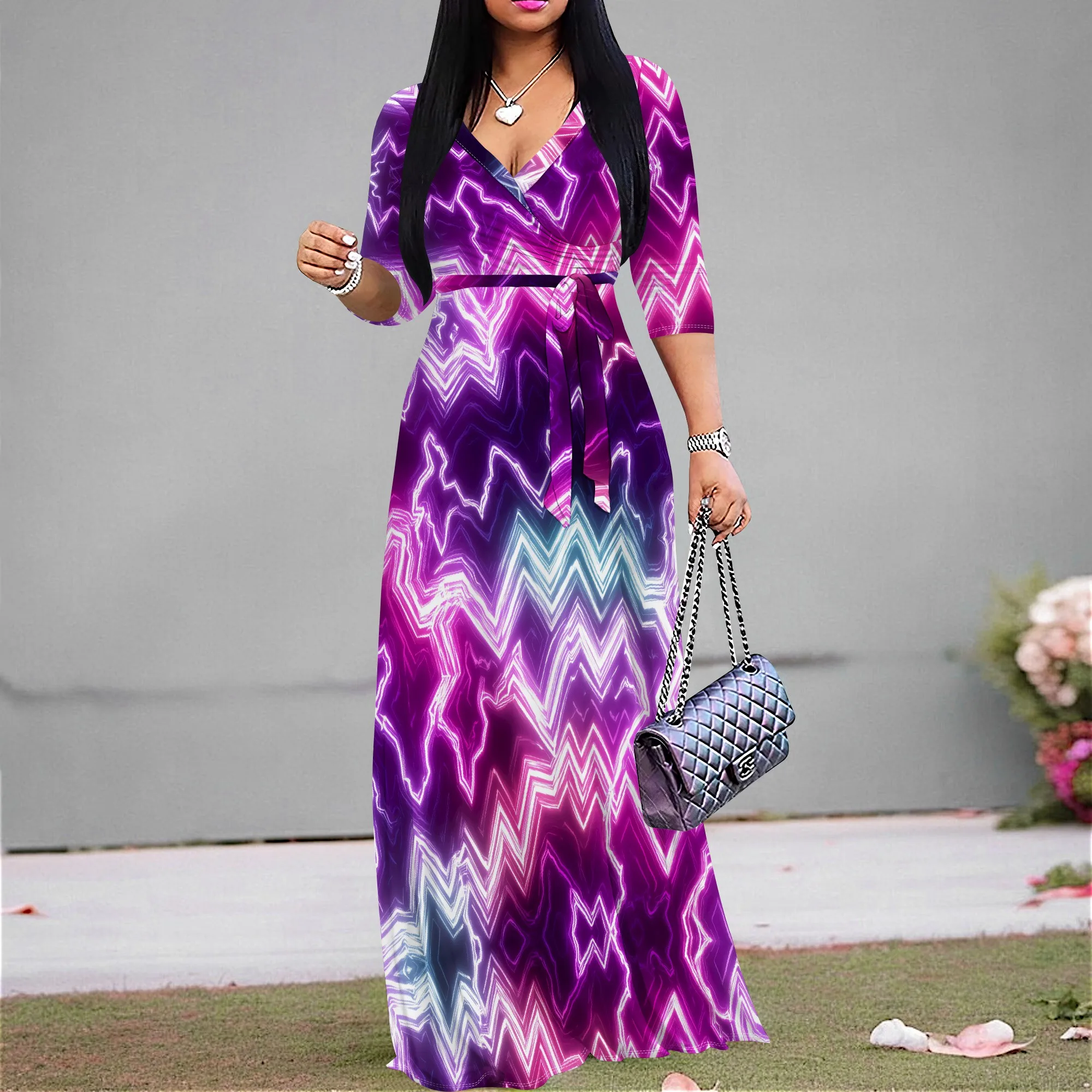 

Women's V-Neck Lightning Print Maxi Dress for Summer Party, A-Line Midi Dress for Nightclub, Plus Size Available XS-3XL