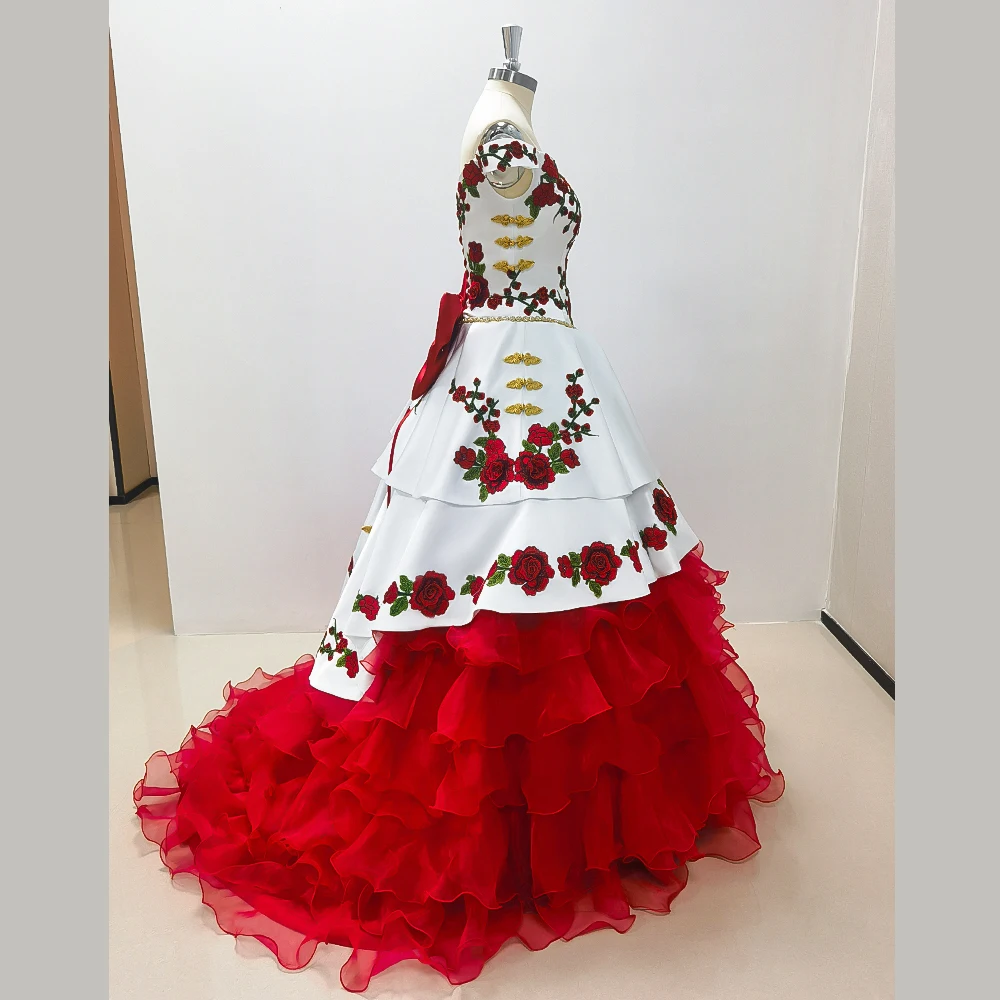 Luxury White Red Evening Dresses Sleeveless Lace Up Appliques Tiered Back Bow Prom Ball Gown Special Occasion Long Dresses 2024