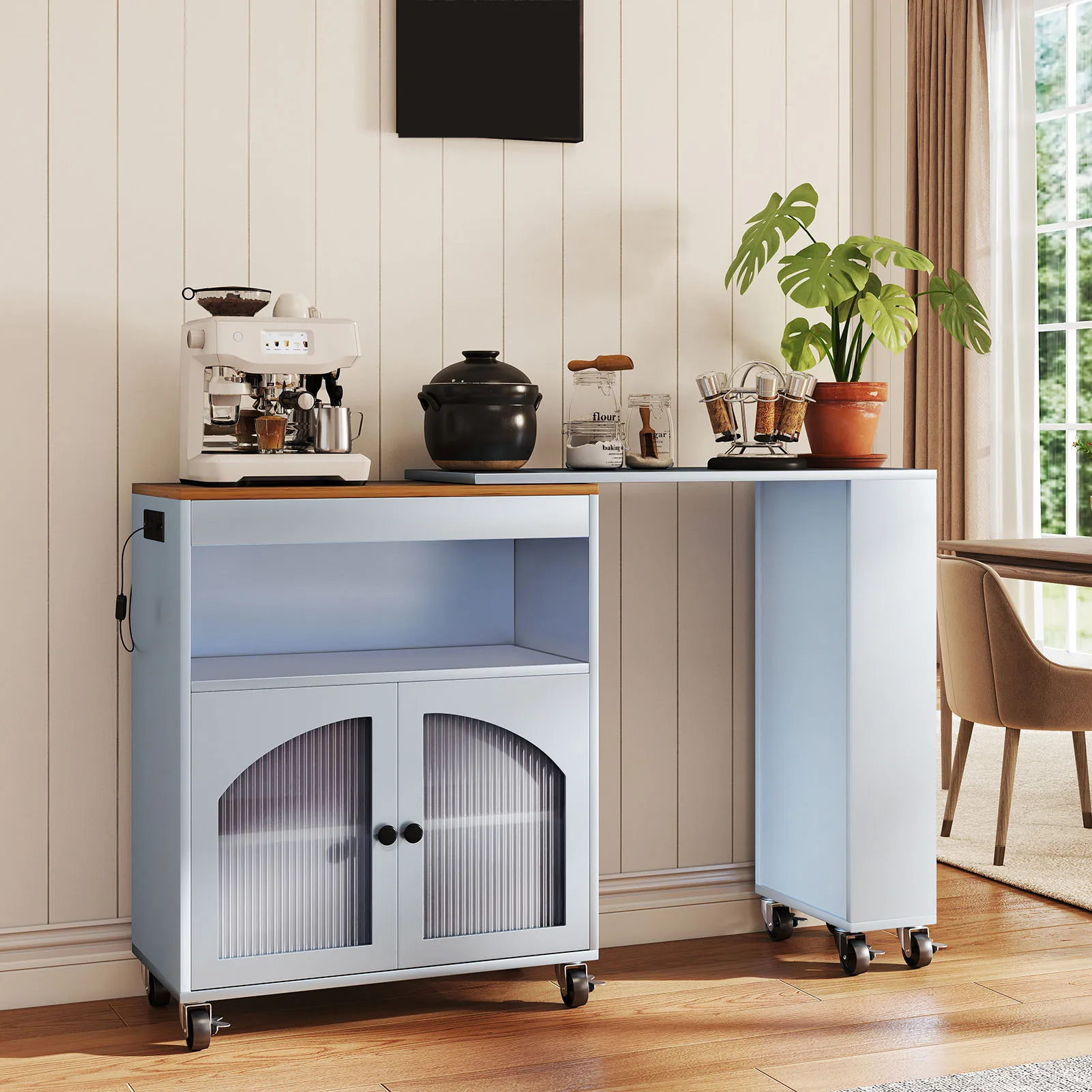 جزيرة المطبخ المتداول مع مساحة تخزين على عجلات مع منافذ طاقة بإضاءة LED، طاولة ممتدة MDF، عربة تخزين المطبخ الدوارة #2