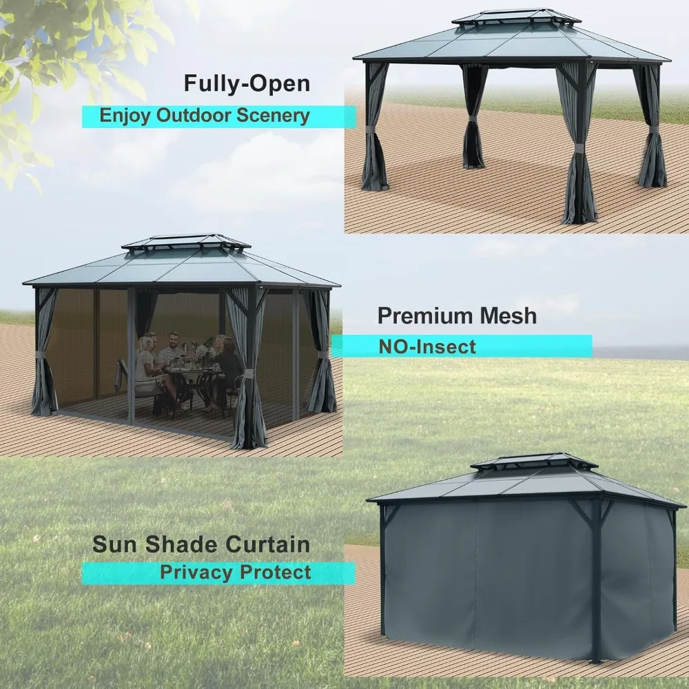 10’ x 13’ with Curtains and Netting, Double Roof Outdoor Gazebo with Polycarbonate Canopy, Aluminum Frame Permanent Gazebo