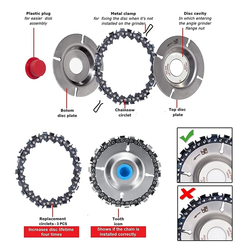 2X Wood Carving Chain Disc - With 6 PCS Of Extra Circlets, 7/8 Inch Arbor Wheel Grinding, Shaping Circular Chainsaw Disk