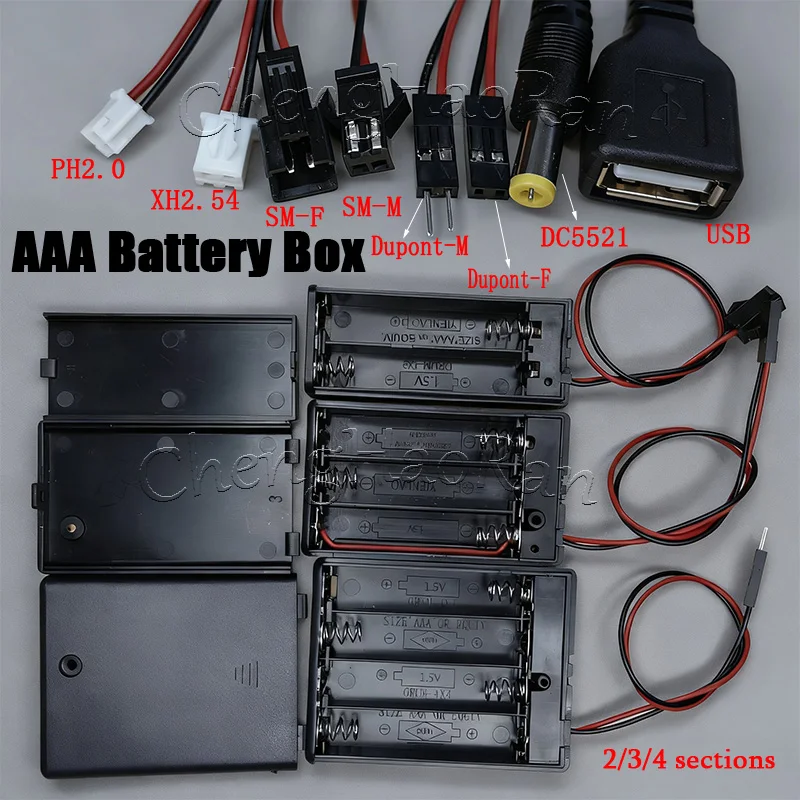 

1PC AAA Battery Holder/Box In Series With Cover Switch And PH2.0/XH2.54/SM/DuPont Male/Female/DC5521 Plug Connectors 3V~12V
