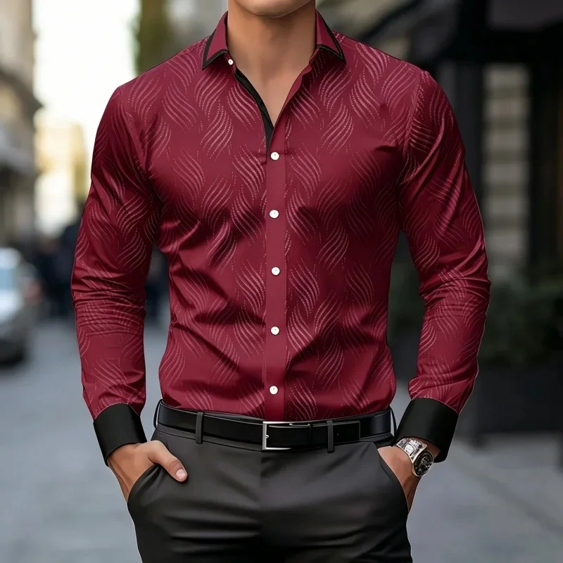 Herrenhemd, Slim Fit, Kragen, Langarmhemd, modisches Design, kontrastierender Kragen und Manschetten, Business-, Hochzeits-, Banketthemd für Herren