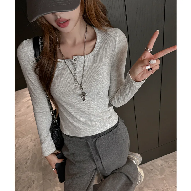 

Women's Long Sleeve T-shirt Ribbed Button Top Autumn Winter New Niche Design Forward Slim Fit Long Sleeve Regular Shoulders