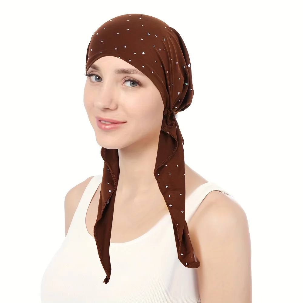 Rhinestone Decor Turban Hat Solid Color Elastic Head Wraps Casual Skull Cap Beanies Chemo Cap For Women