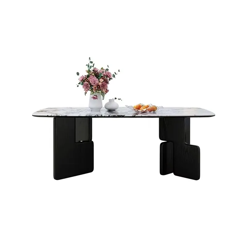 

Элитный дизайнерский обеденный стол в современном стиле с каменной столешницей и креативными ножками-кубиками для мебели в гостиную