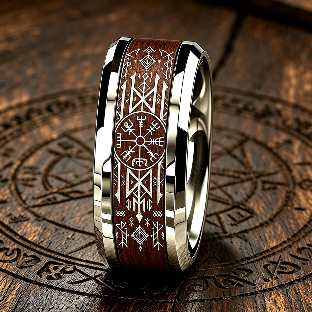 Wikinger-Kompass Vegvisir Ring mit Holzeinlage Vintage Nordischer Wikinger-Runen Edelstahlring für Männer und Frauen Amulett Schmuck Geschenke – Detail 4