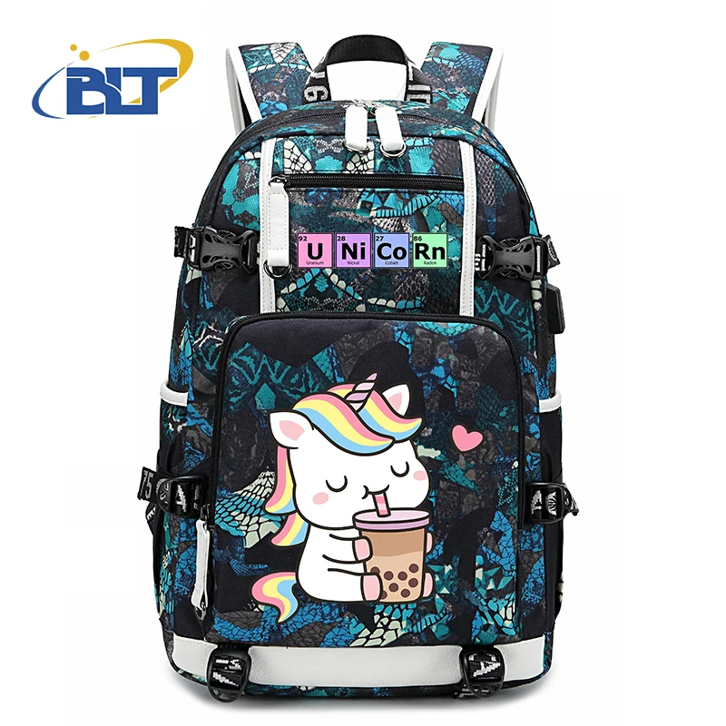 Unicórnio Imprimir Student Schoolbag, Mochila Jovem, Grande Capacidade, USB Outdoor Travel Bag, Kids School Gift