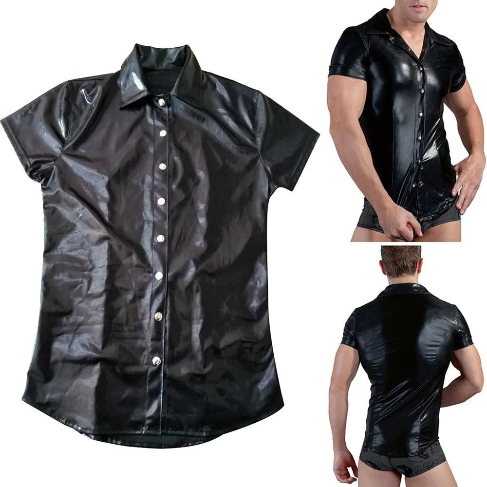 Mens Motorcycle Bike Faxu Leather T-shirts Shorts Sleeve Streetwear Turn-down Collar Shirts Male Casual Tee Shirts Single Breast