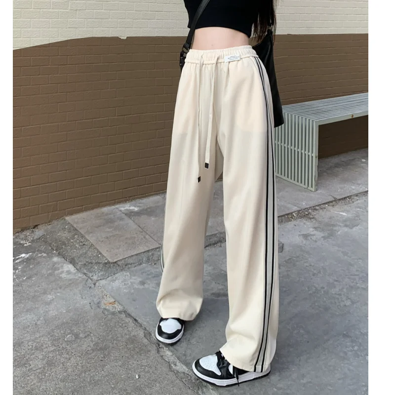 

Summer Black High Waist Drawstring Sweat Pants Fashion Pocket Straight Wide Leg Pants Street Casual Baggy Mopping Trouser Ladies