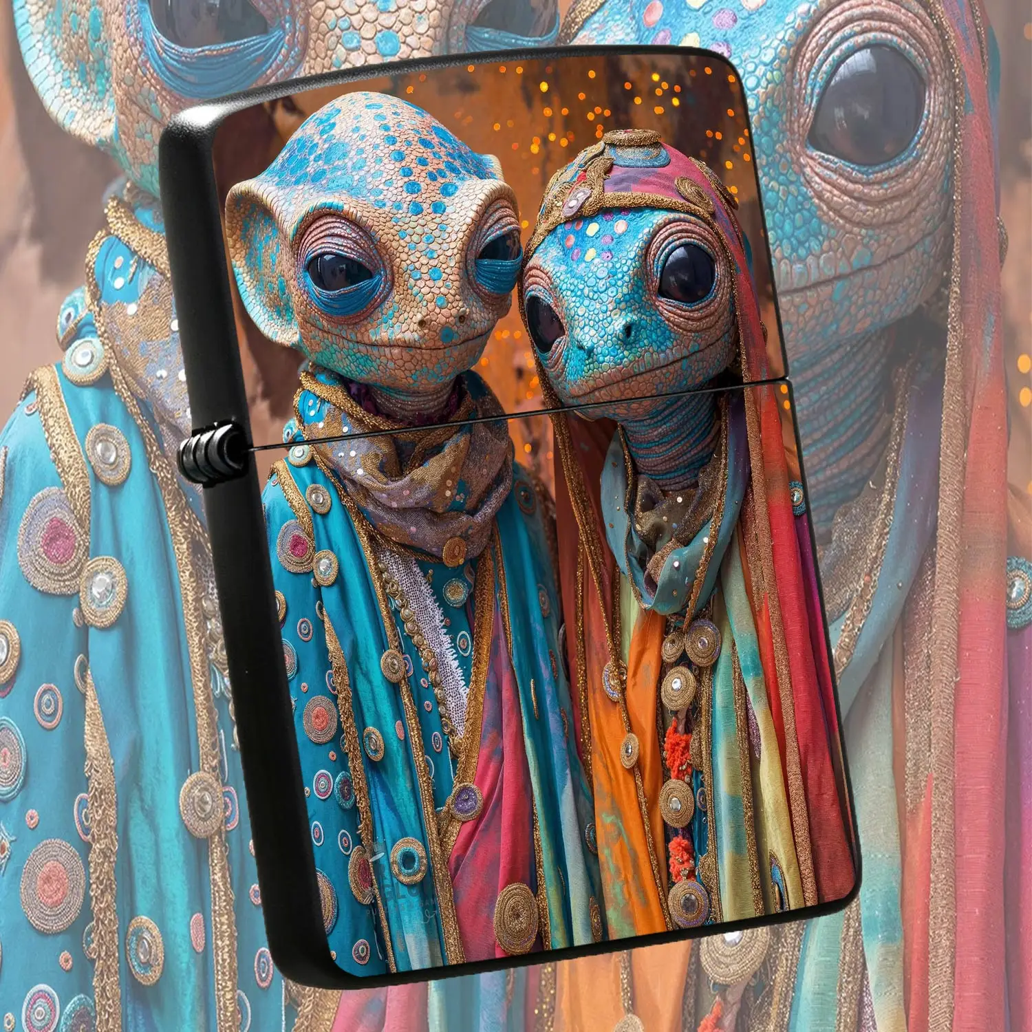 Fantasy Exotic Lizard Alien Couple Art Print Lighter, Atmospheric Creative Personalized Decor, Suitable For Daily Gathering Outdoor And Any Scenarios, Unique Stylish Gift Anditem With Distinct Charming Aesthetic A Humorous And Interesting L
