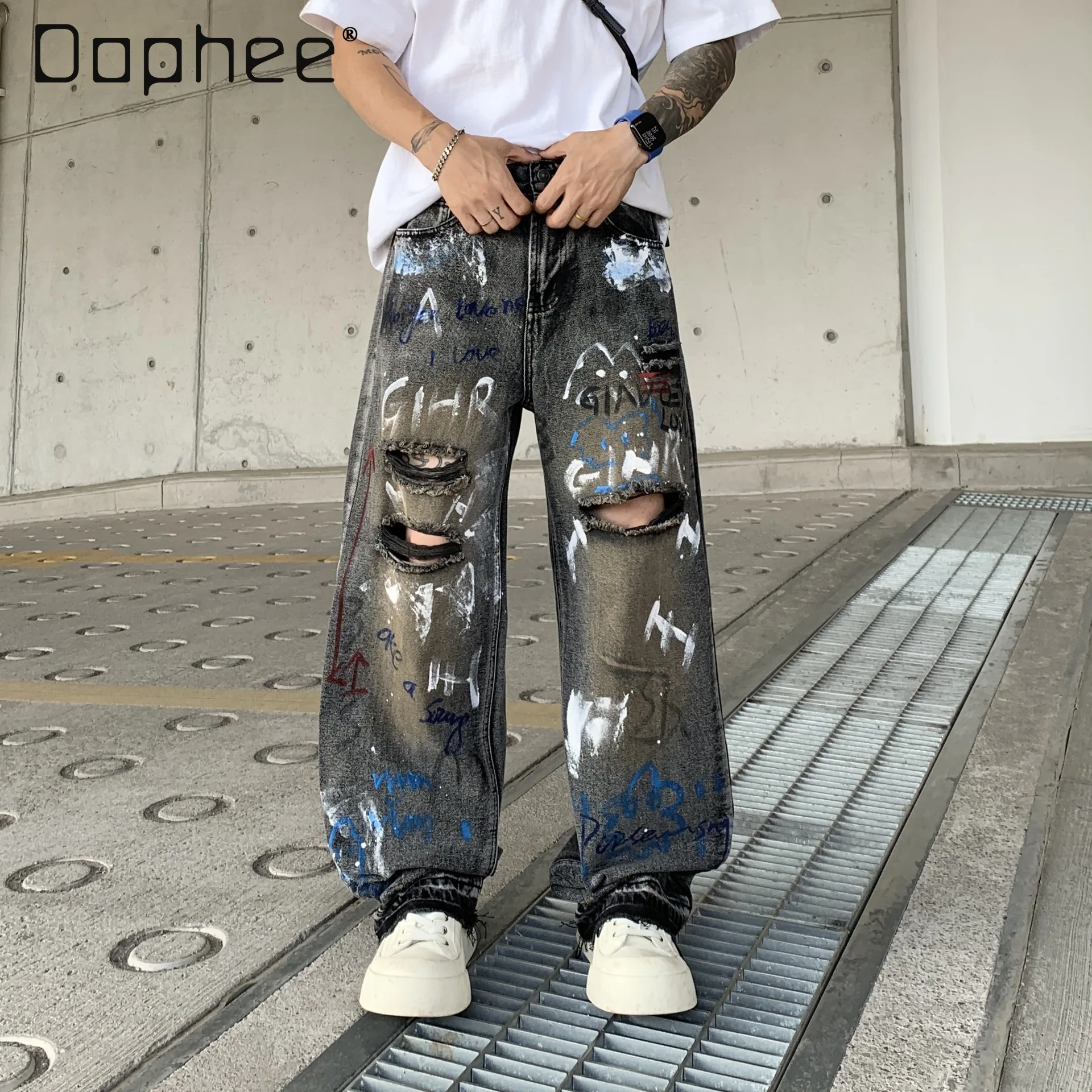 

High Street Style Men’s Graffiti Print Daily Baggy Jeans Vintage Hip-Hop Washed Black Casual Wide Leg Denim Pants