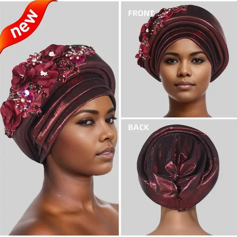 

Glitter Pleated Turban Cap for Women Auto Gele Headtie Female Head Wraps African Nigeria Wedding Party Headpiece Flower Bonnet