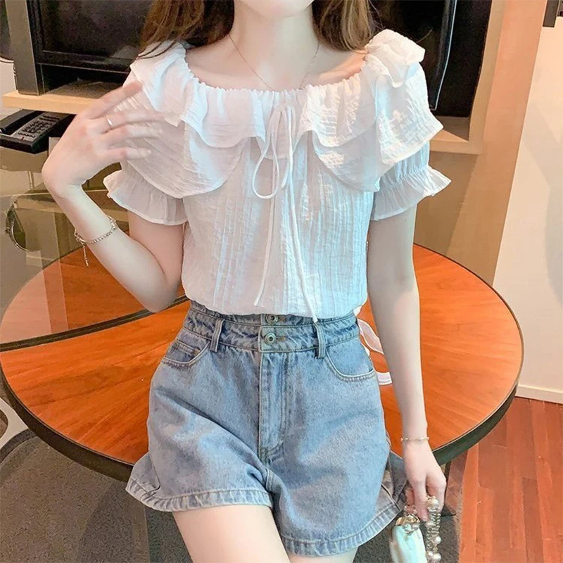 

Women's Sexy Solid Color Ruffled Shirt Sweet One-shoulder Chiffon Top Temperament Age-reducing Loose Slim Short-sleeved Shirt