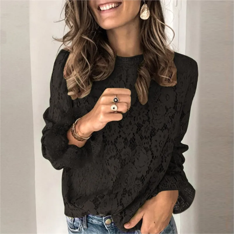 O Neck Floral Lace Blouses For Women Spring Autumn Elegant Flare Long Sleeve Blouse Shirts Sexy Women Hollow Mesh Blusa Tops