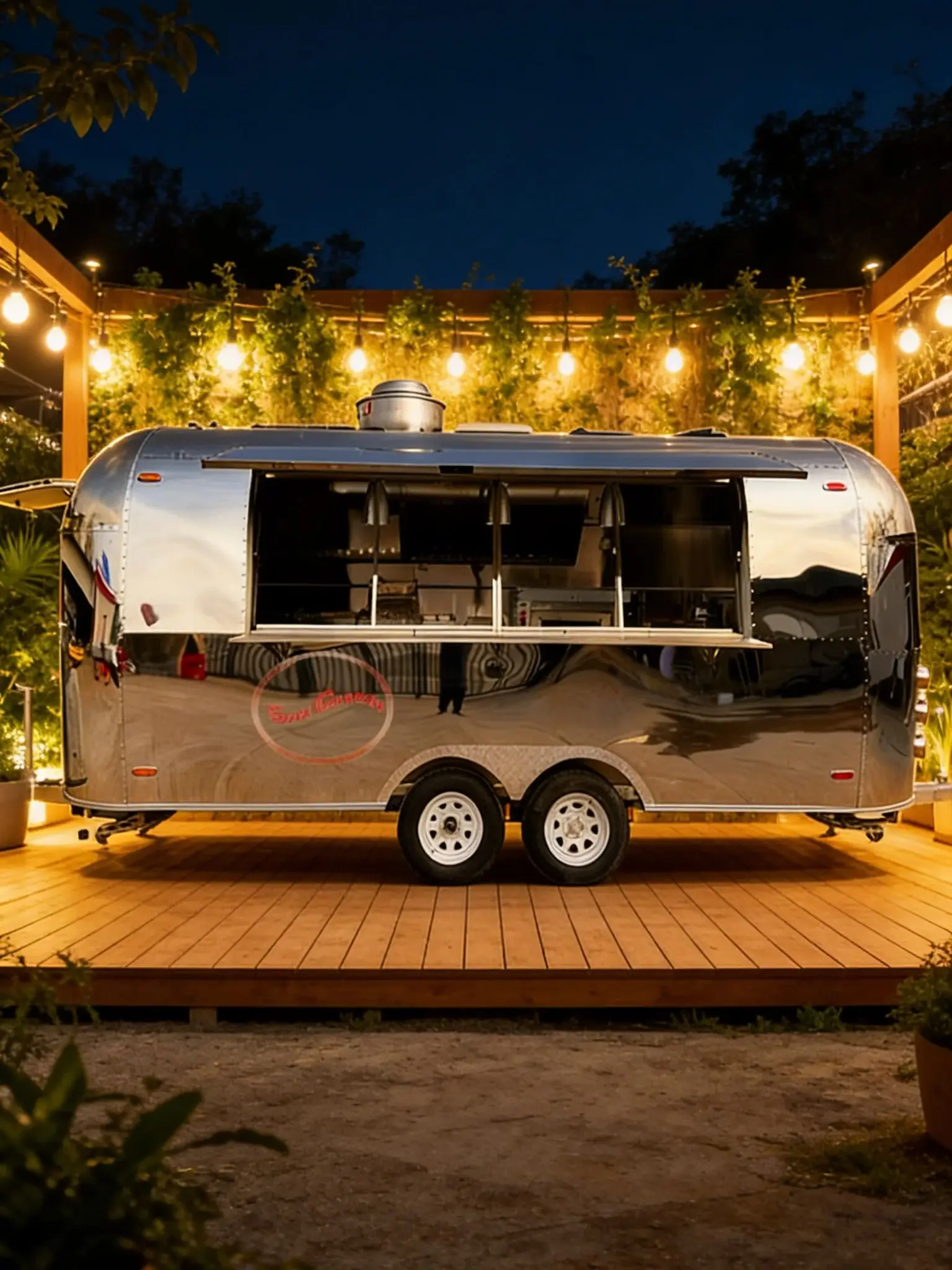 Outdoor Mobile Food Truck Main Body Stainless Steel Mirror Finish Futuristic Visual Effect Dual Wheels Towed by Vehicle
