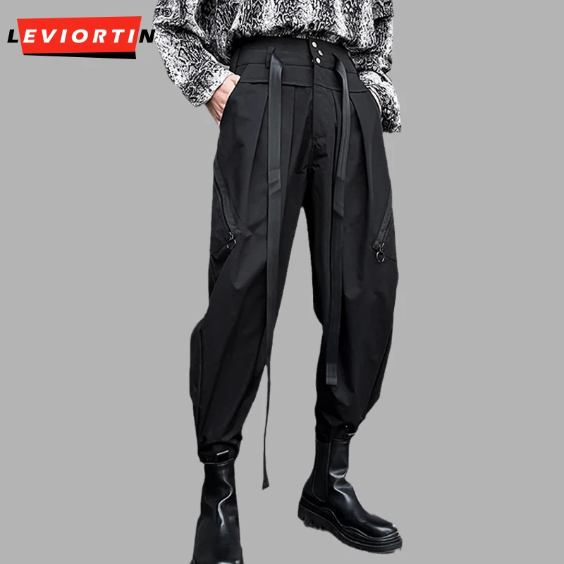 Fashion Men Casual Pants Patchwork High Wais Belt Pleated Loose Joggers Streetwear Trousers Men Personality Crop Pantalon